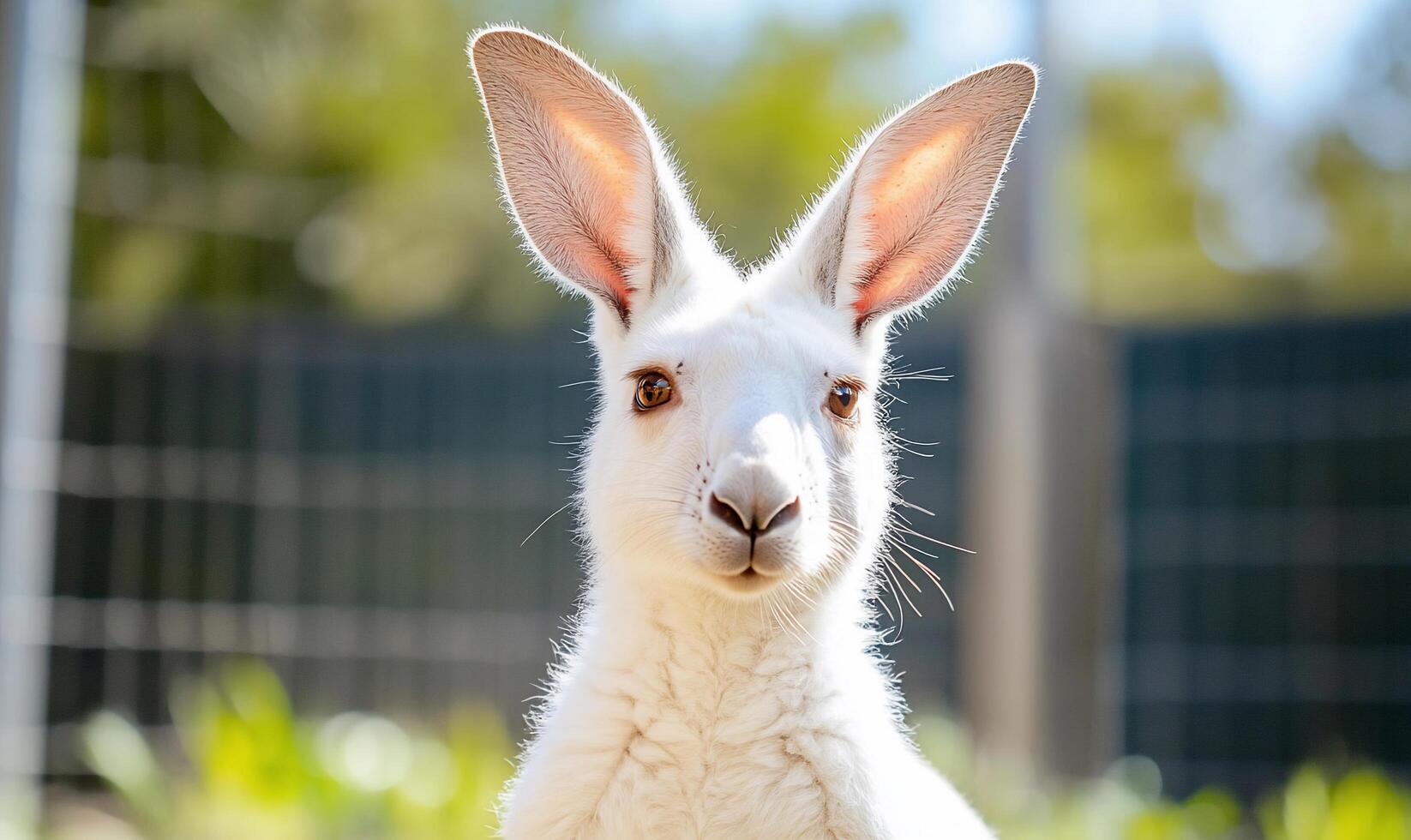 A white kangaroo with big ears standing in front of a fence photo
