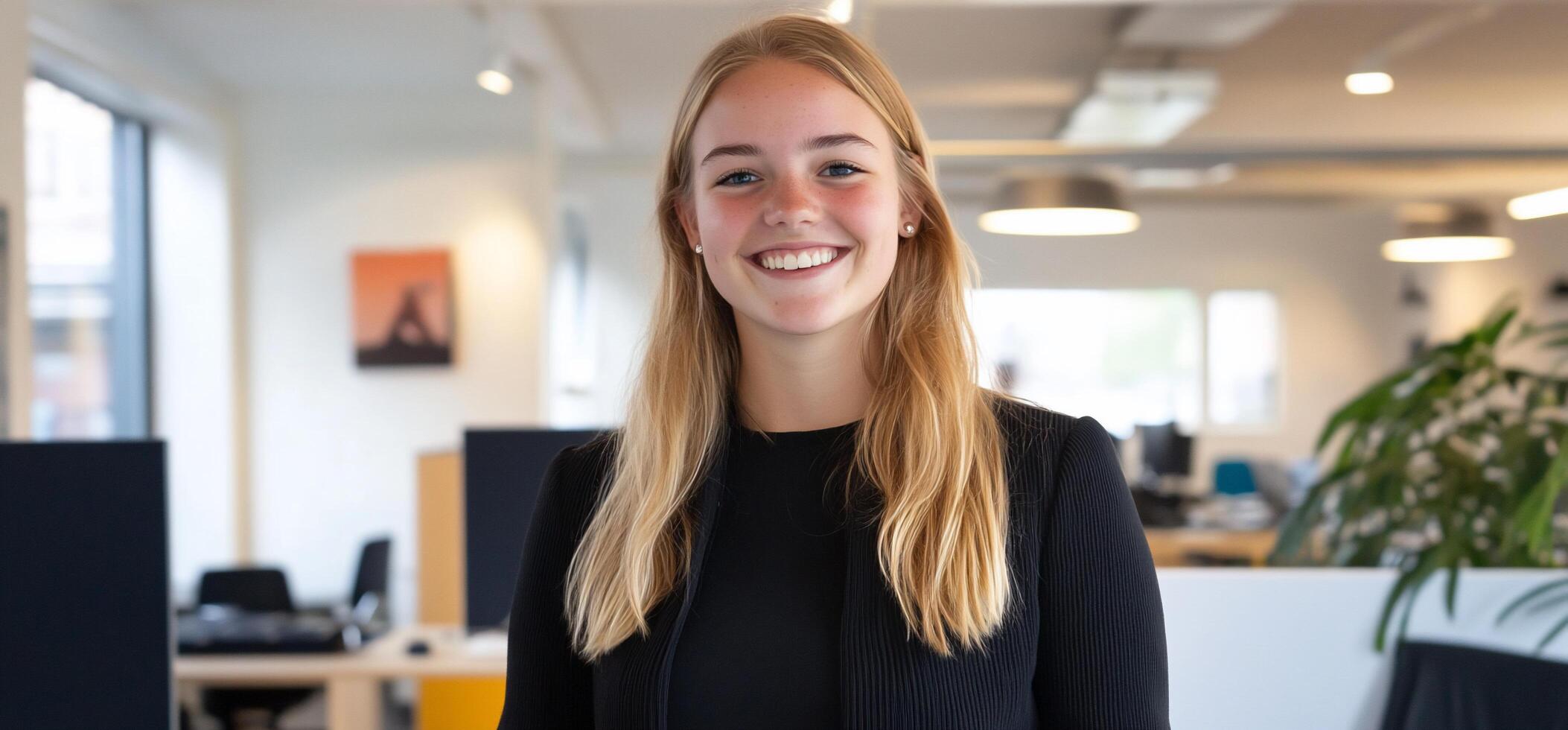 A smiling woman in a modern office setting. photo