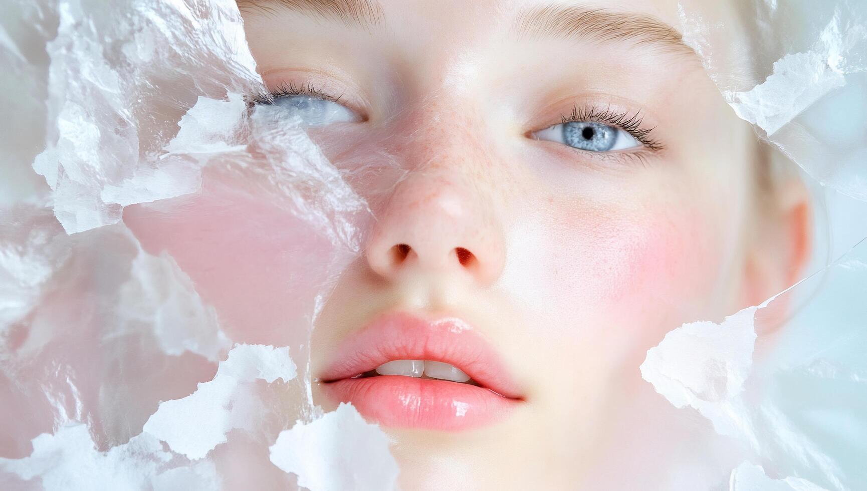 A woman with blue eyes is covered in ice photo
