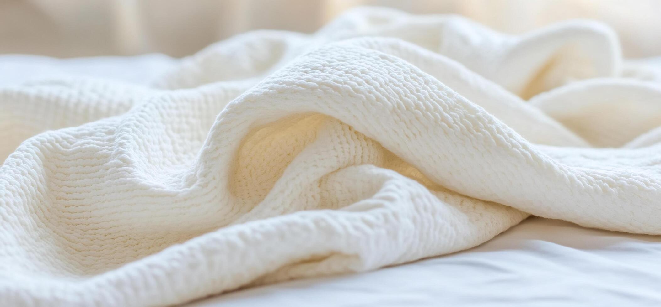 A soft, textured white blanket draped on a bed, creating a cozy atmosphere. photo