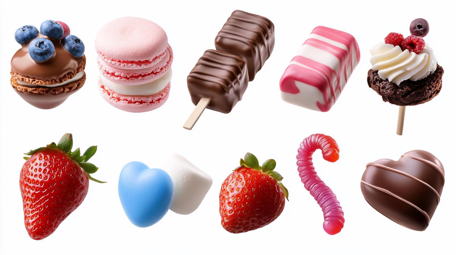 Various types of sweets are shown on a white background photo