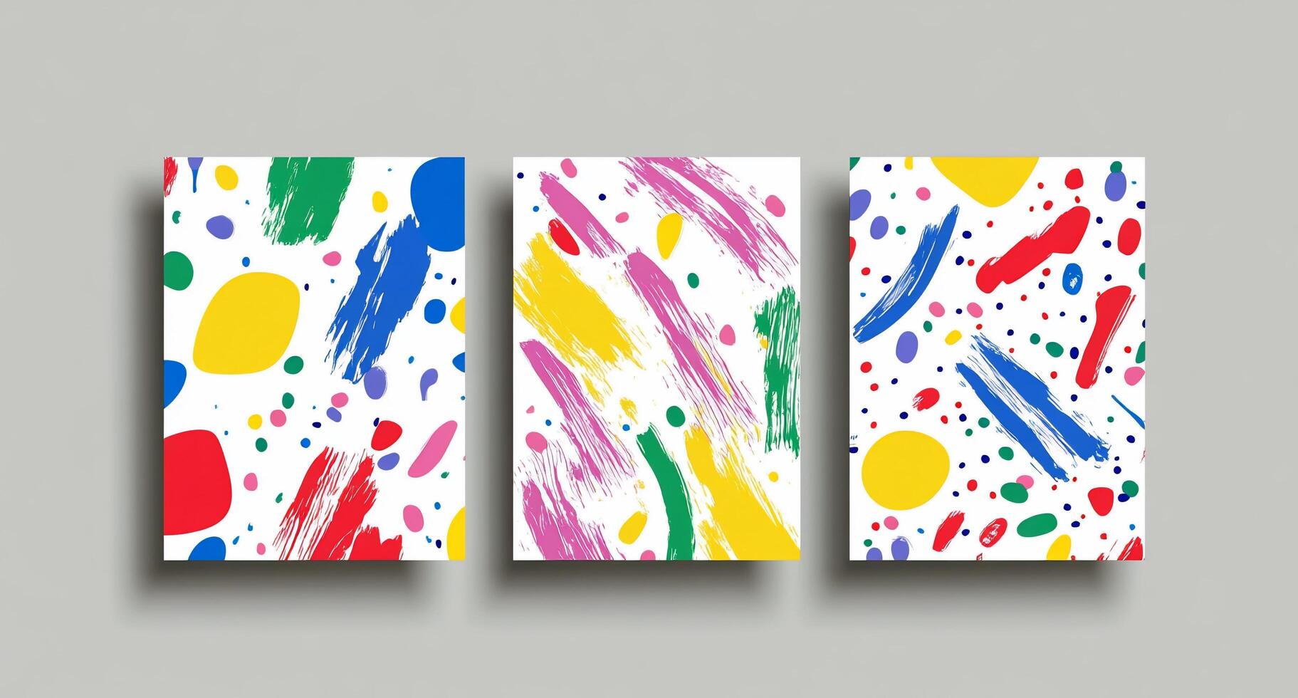 Three colorful abstract art pieces with vibrant shapes and strokes. photo