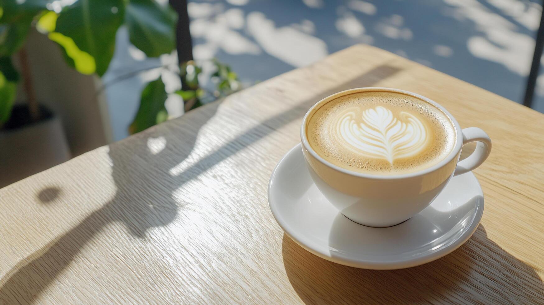 A beautifully crafted latte with leaf art on a wooden table. photo