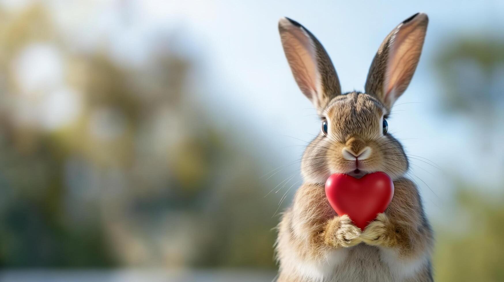 A cute rabbit holding a red heart photo