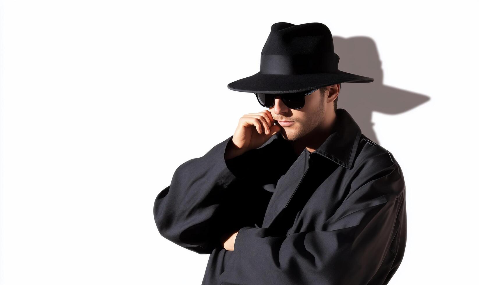 A stylish figure in a dark outfit and hat, posing thoughtfully. photo