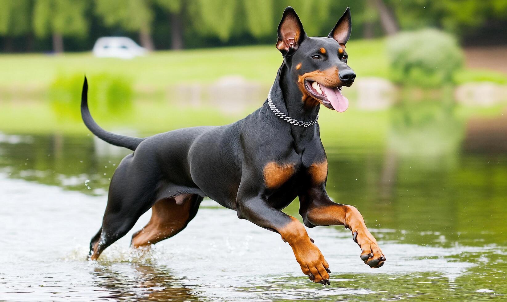 A Doberman running joyfully through shallow water. photo