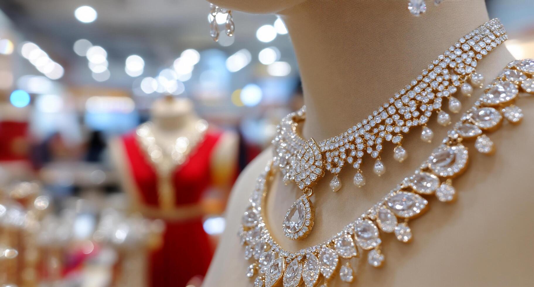 Elegant jewelry displayed on a mannequin, showcasing intricate designs. photo