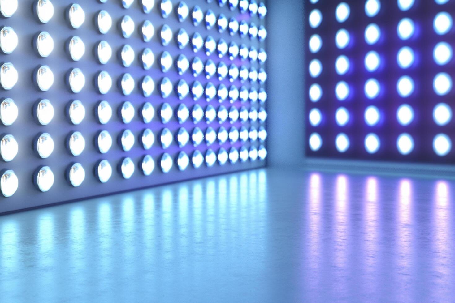 A brightly lit room with blue and white circular lights on the walls. photo