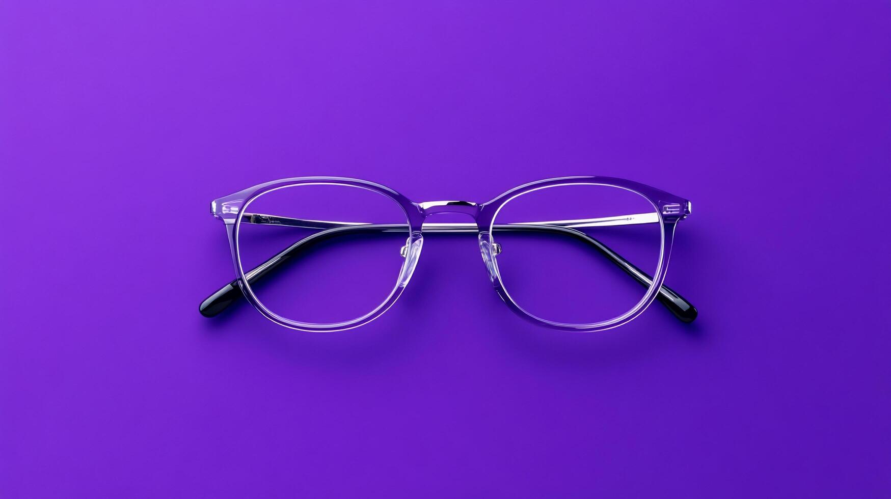 A pair of stylish eyeglasses on a vibrant purple background. photo