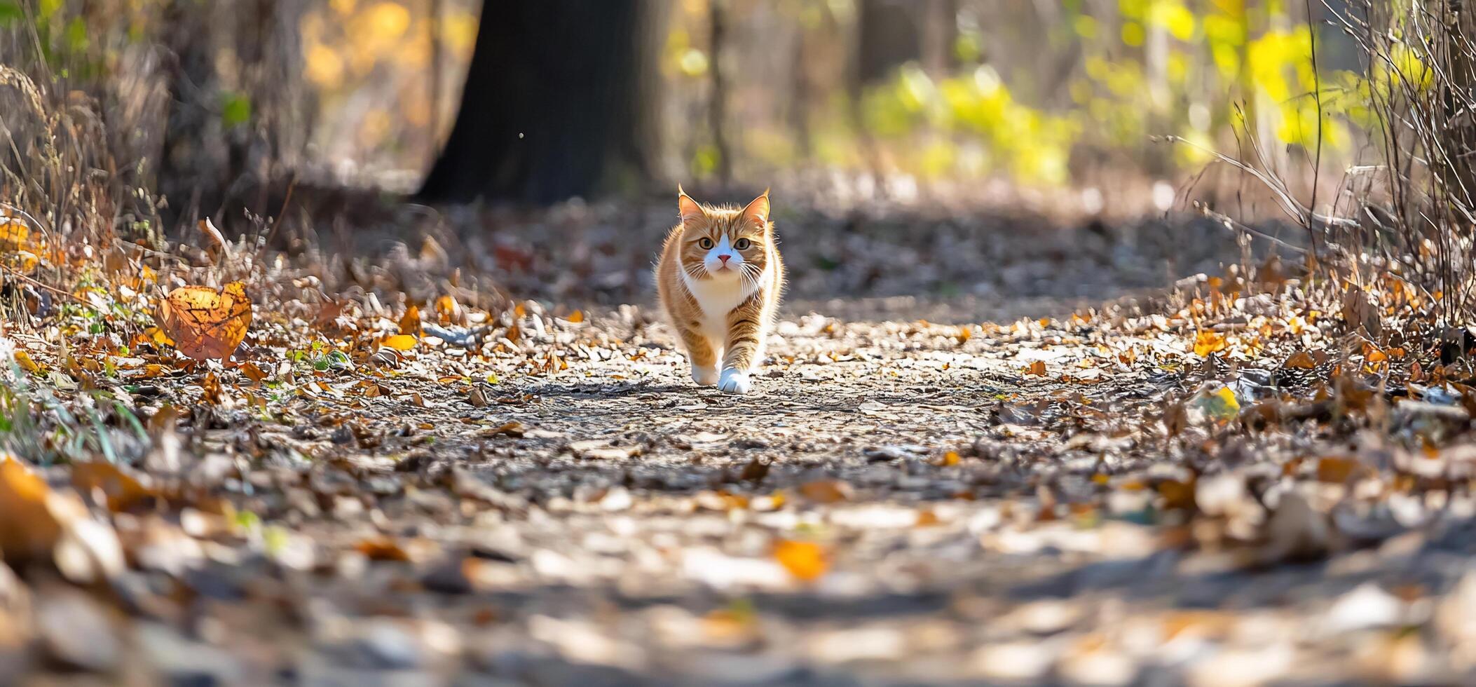A cat walking along a leaf-covered path in a serene outdoor setting. photo