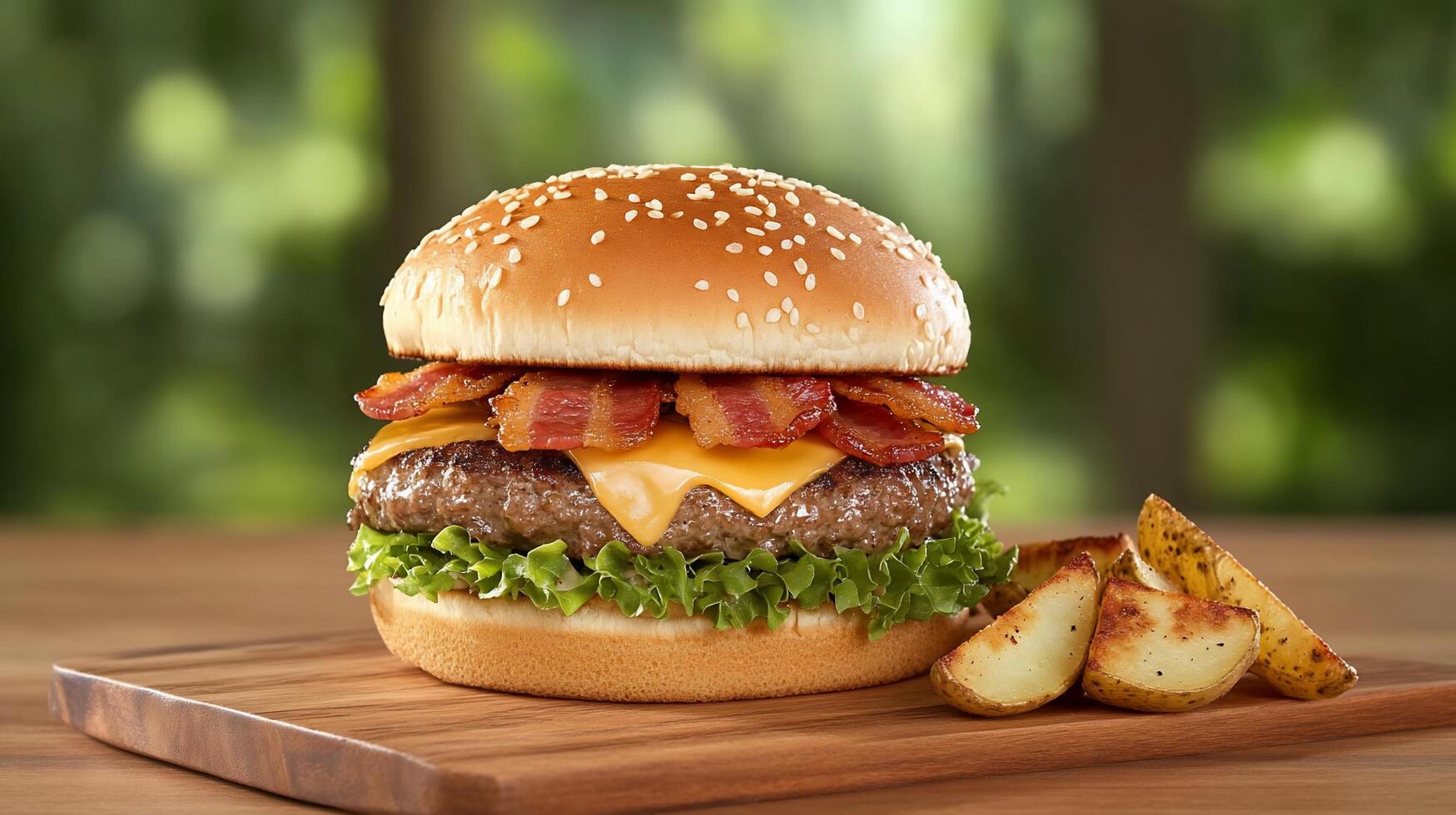 A delicious burger topped with bacon and cheese, served with potato wedges. photo