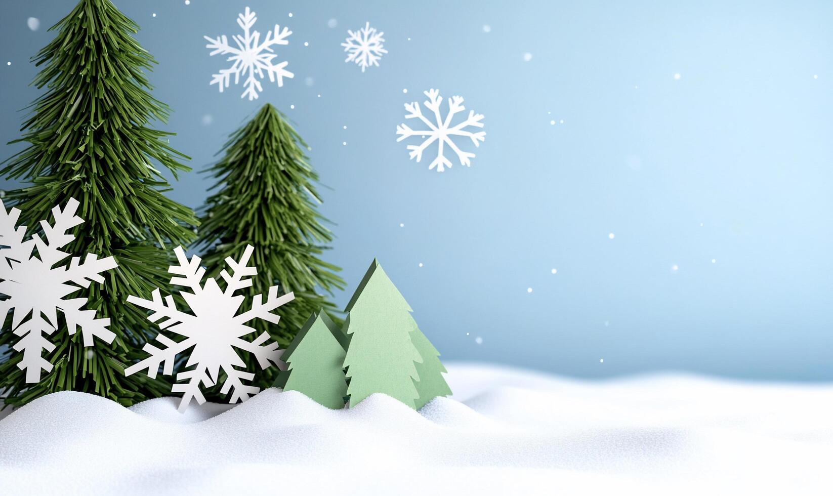 A winter scene featuring paper trees and snowflakes against a blue background. photo