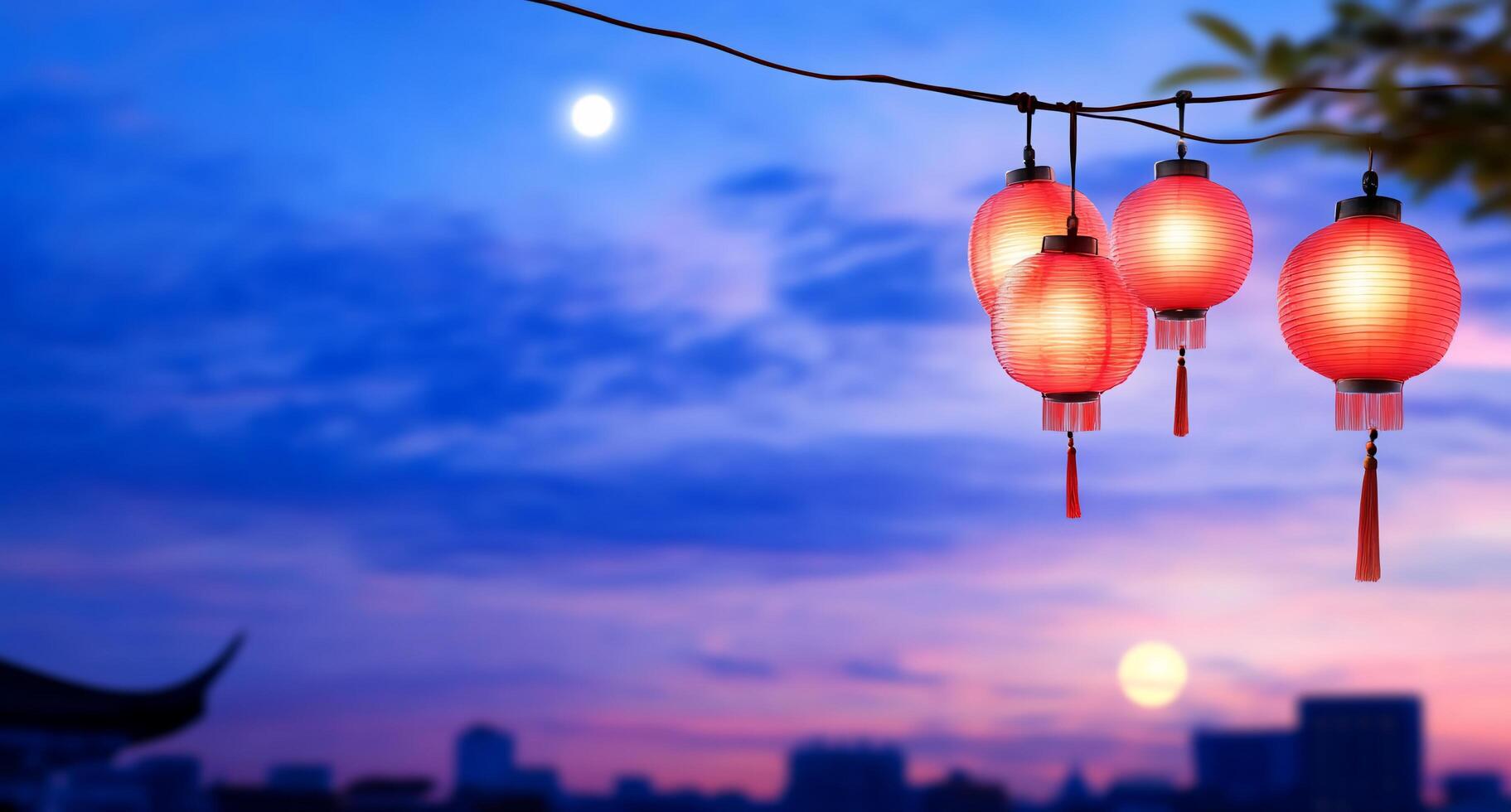 Lanterns glow against a twilight sky, creating a serene atmosphere. photo