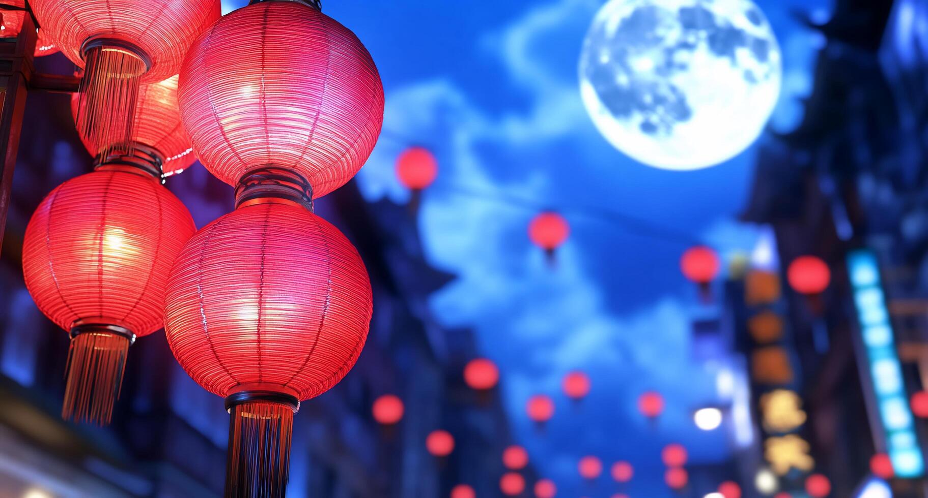 A vibrant street scene adorned with red lanterns under a full moon. photo
