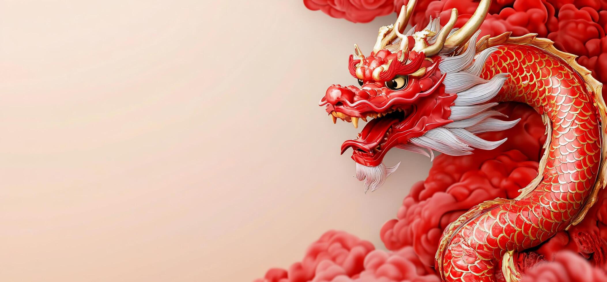 A vibrant red dragon surrounded by swirling clouds, symbolizing power. photo