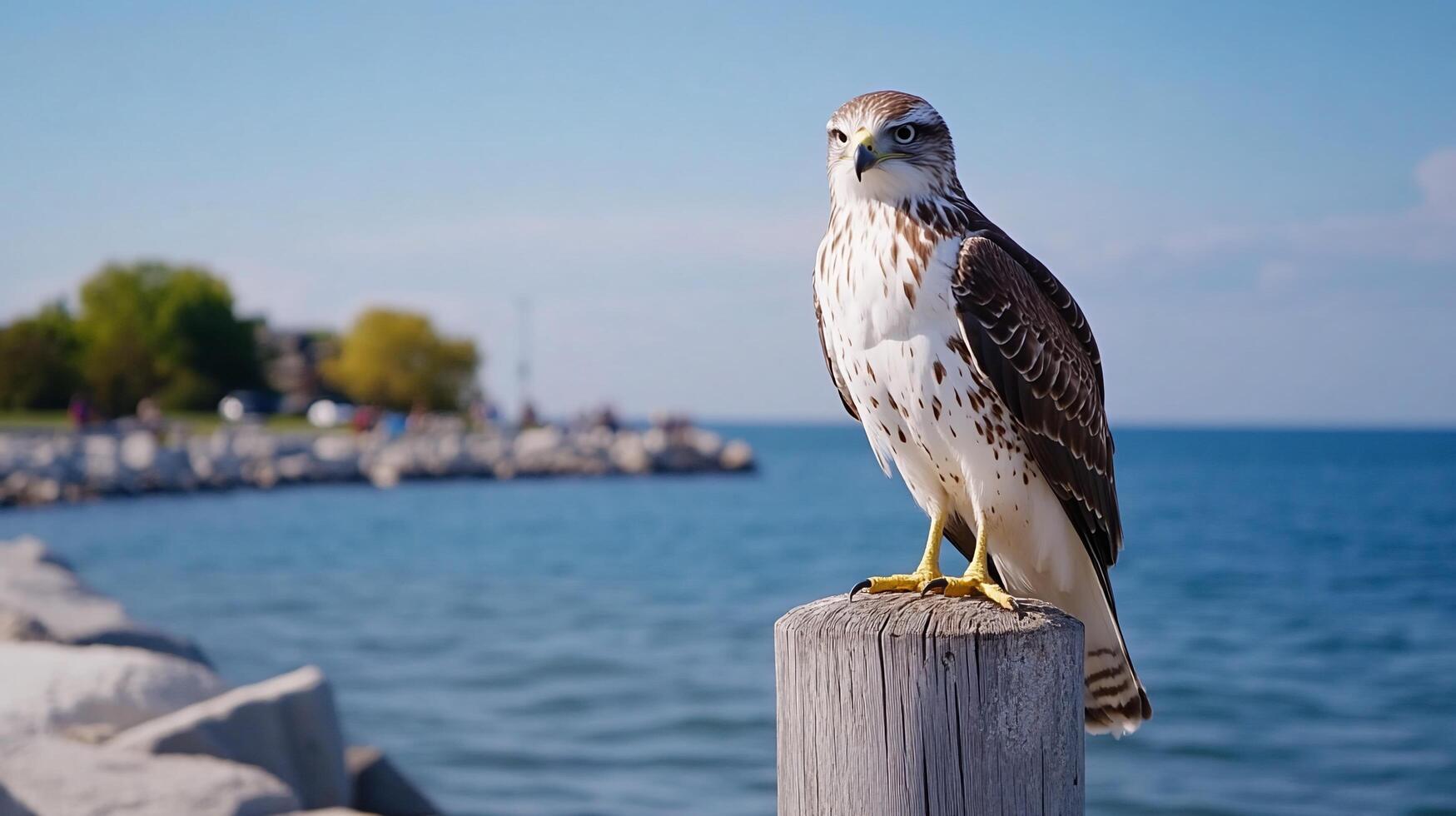 A hawk perched on a post by the water's edge, showcasing nature's beauty. photo