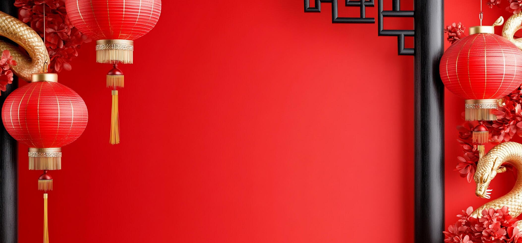 Festive red background with lanterns and decorative elements for celebration. photo