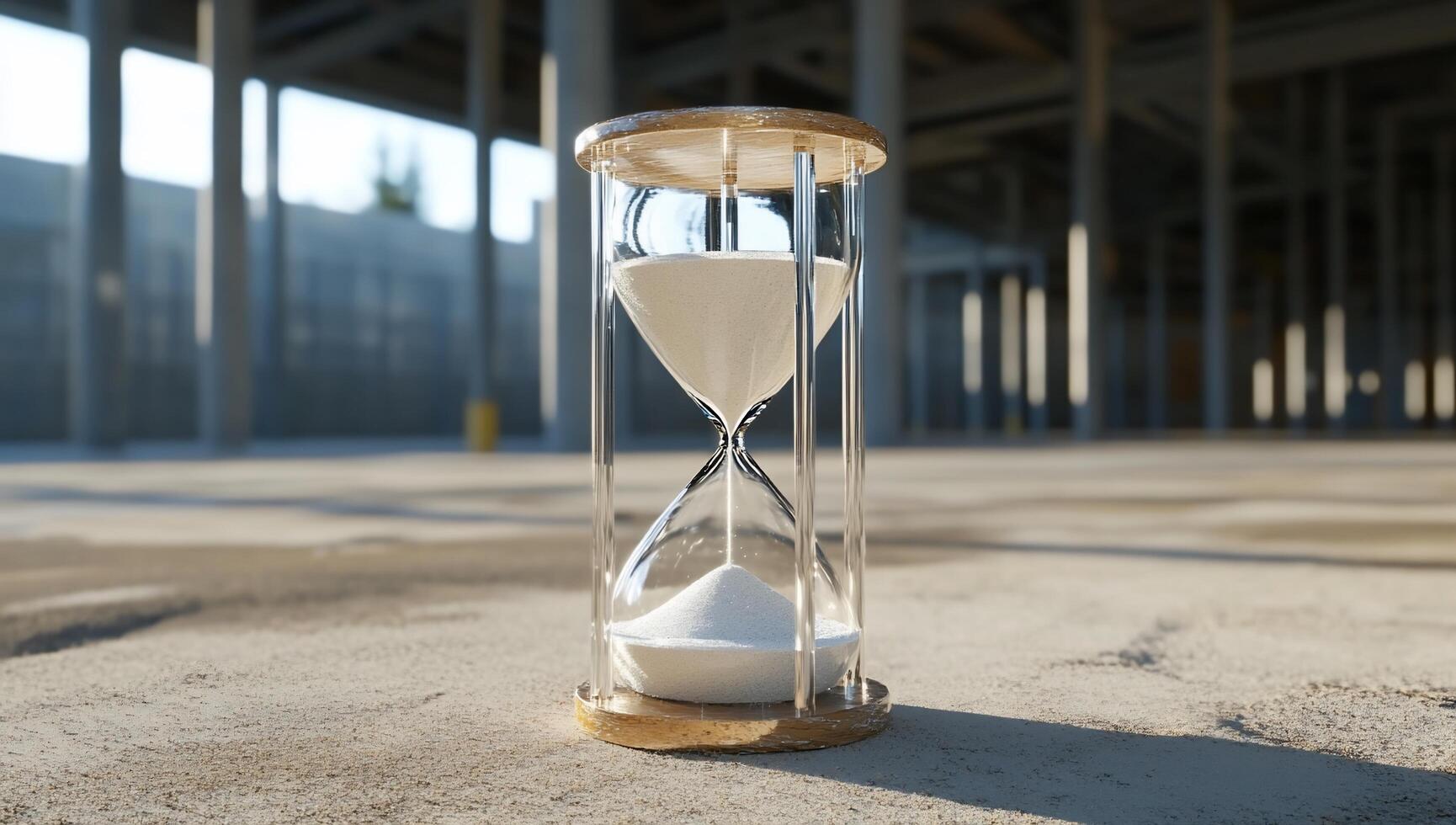 A wooden hourglass filled with white sand in an industrial setting. photo