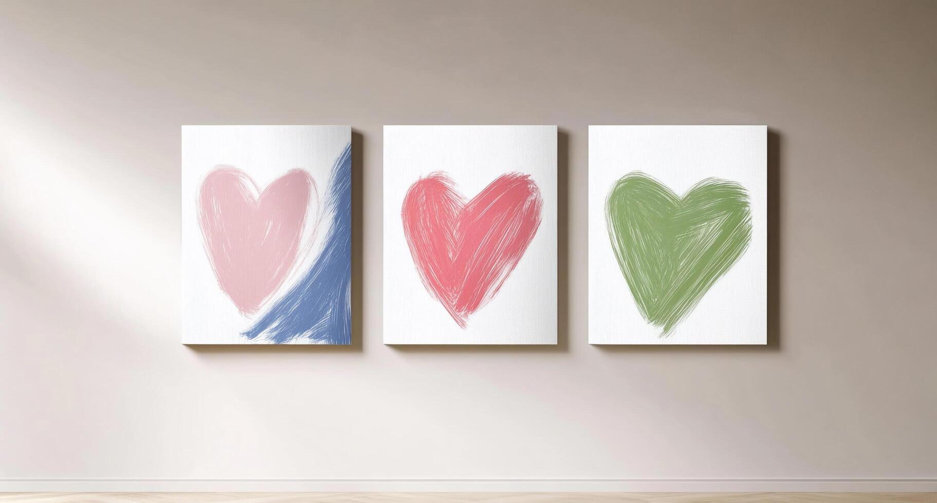 Three colorful heart paintings on a wall, symbolizing love and emotion. photo