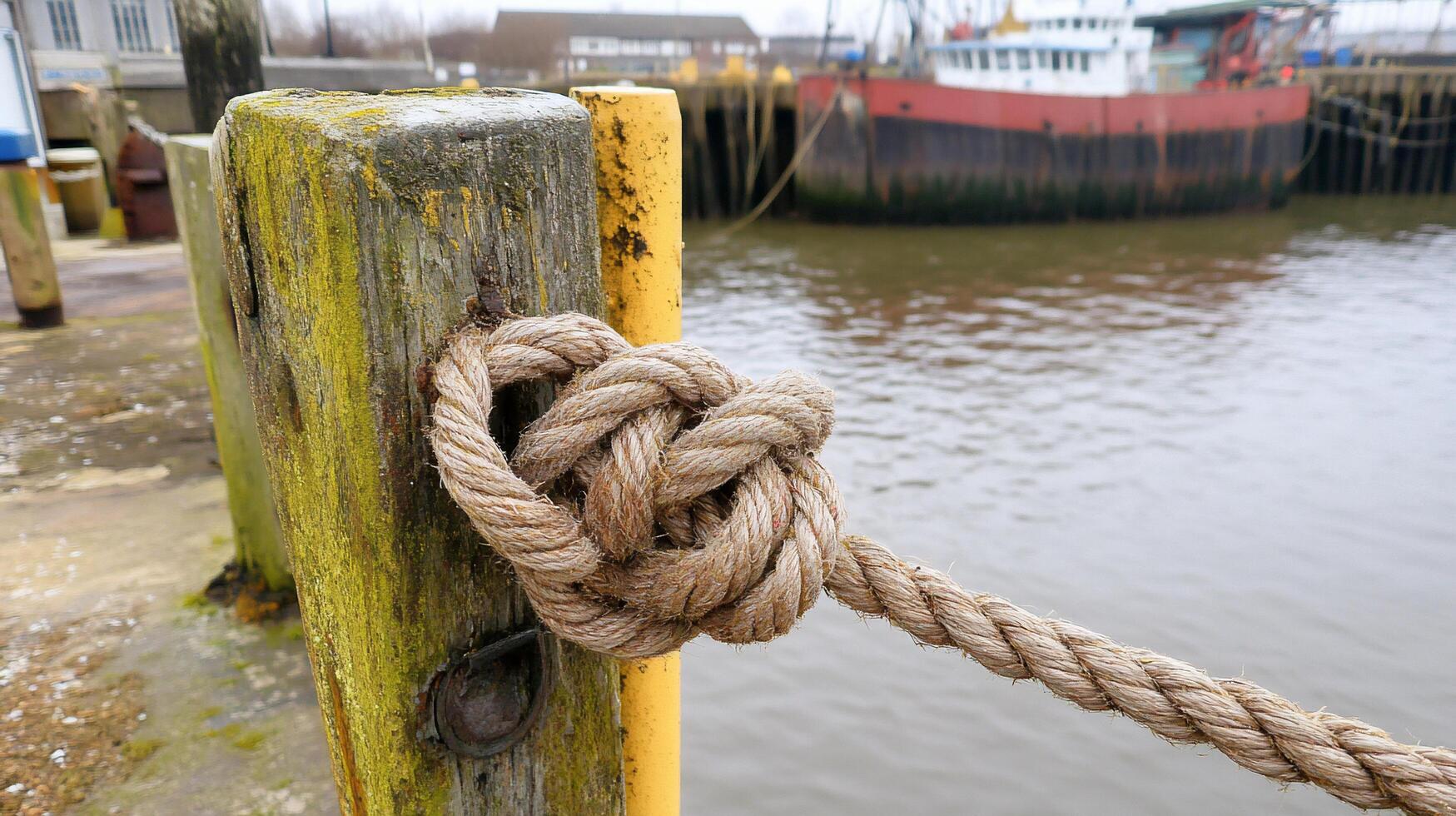 A close-up of a rope knot securing a post by the water. photo