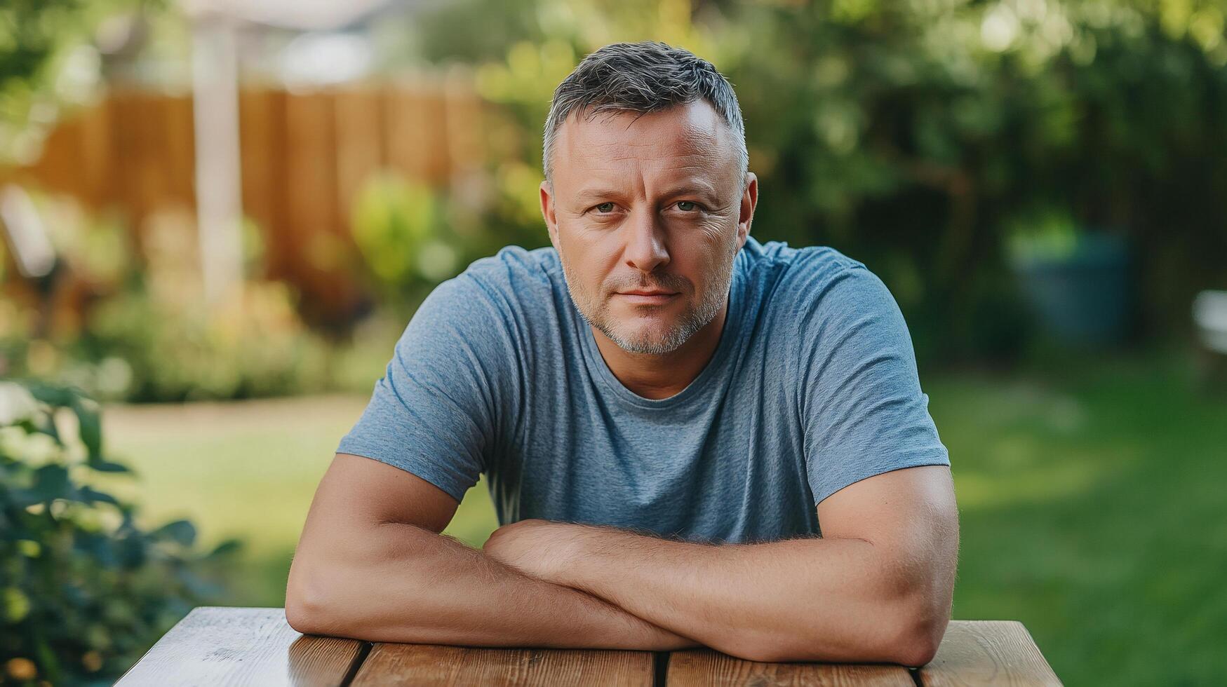 A man sitting outdoors at a wooden table, looking thoughtfully at the camera. photo