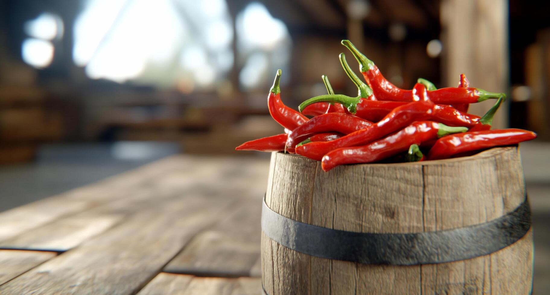 A wooden barrel filled with fresh red chili peppers. photo
