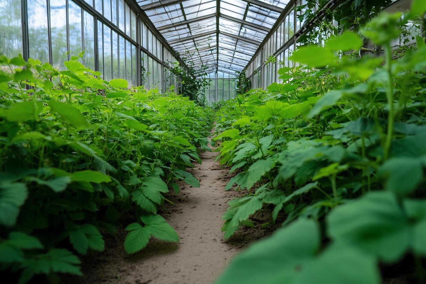 A lush greenhouse filled with vibrant green plants and a sandy path. photo