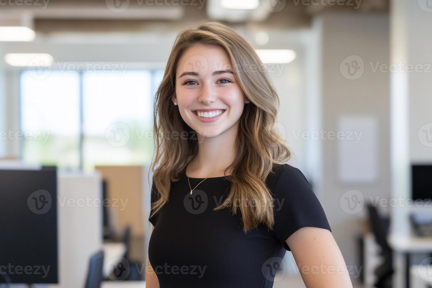A smiling young woman in an office photo