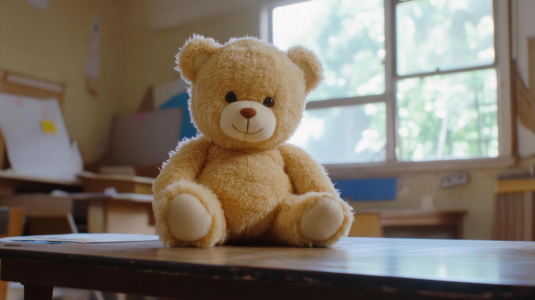 A plush teddy bear sitting on a table in a sunlit room. photo