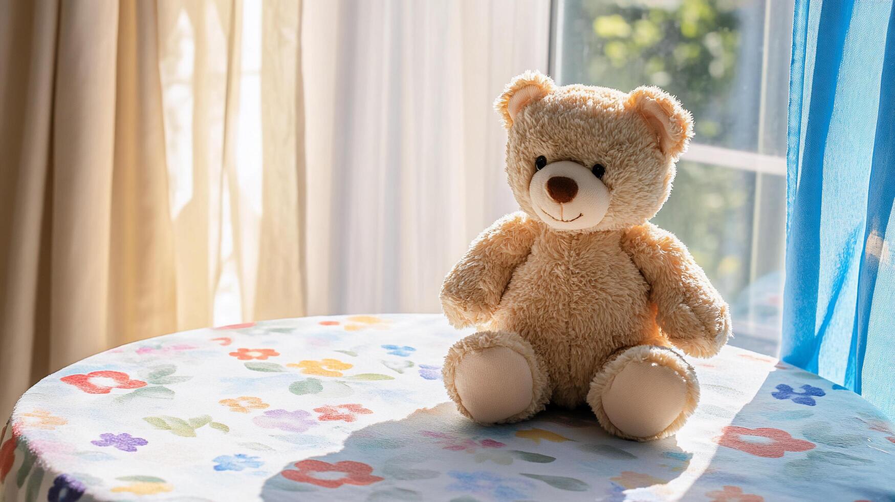 A soft teddy bear sits on a colorful floral tablecloth by a window. photo