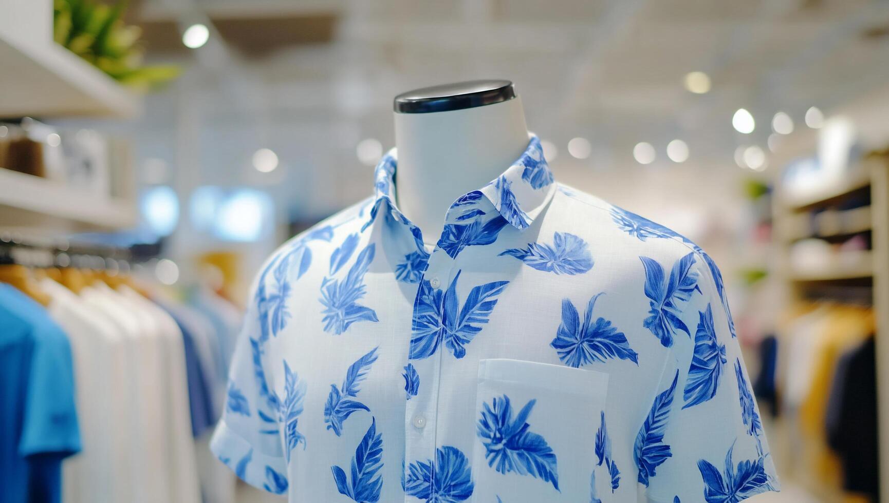 A close-up of a tropical-patterned shirt displayed on a mannequin. photo