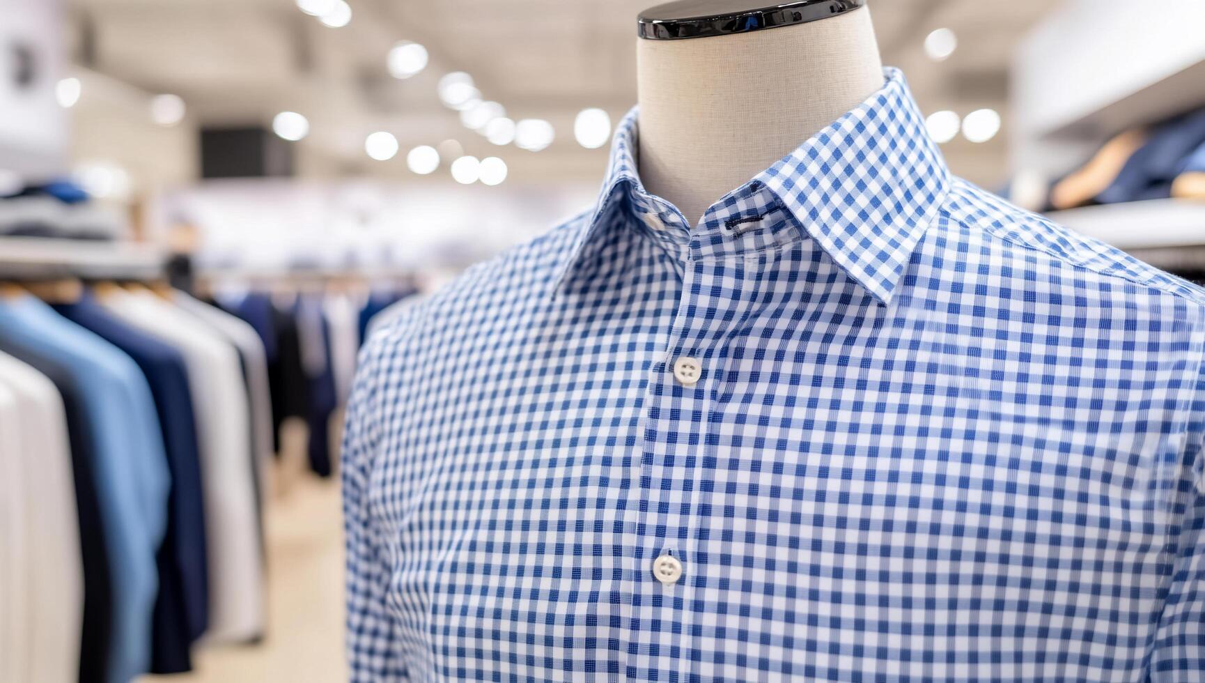 A close-up of a blue checkered shirt on a mannequin in a store. photo