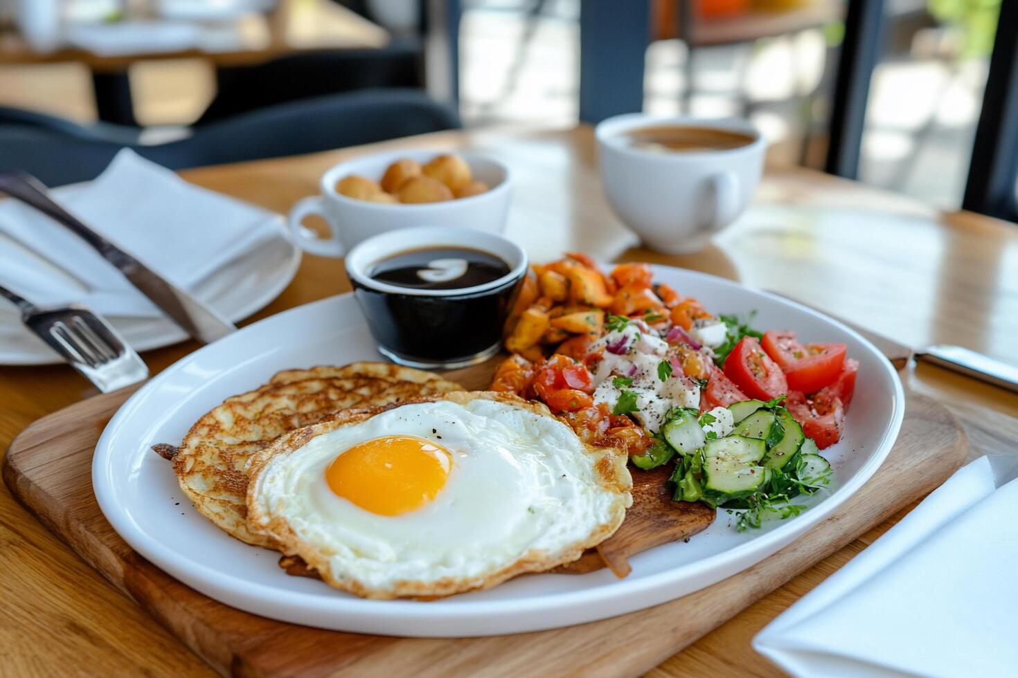 A breakfast plate featuring eggs, vegetables, and coffee. photo