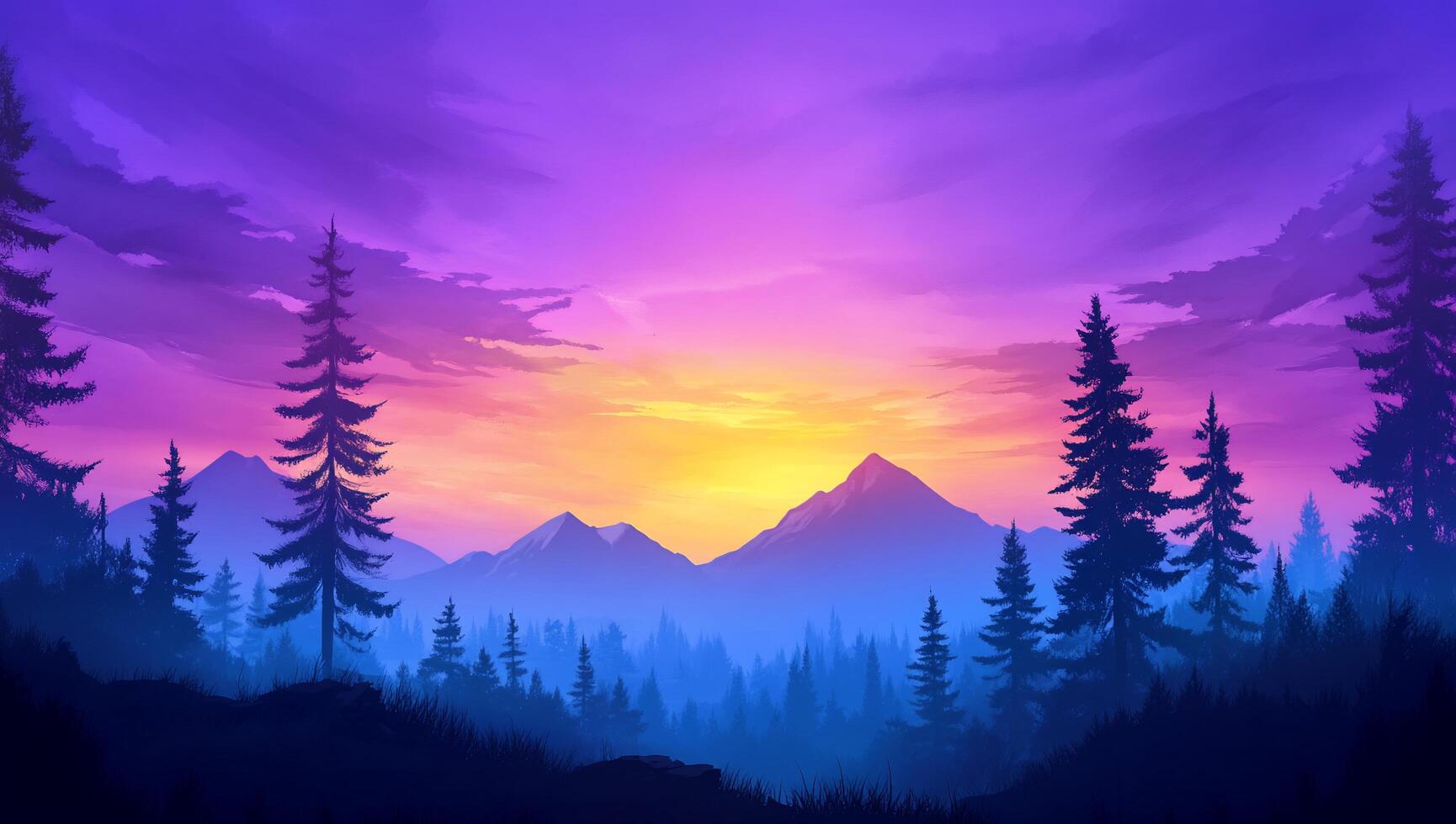 A serene mountain landscape at sunset with vibrant colors and silhouettes. photo