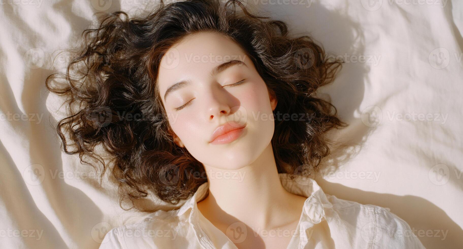 A woman with curly hair laying on a bed photo