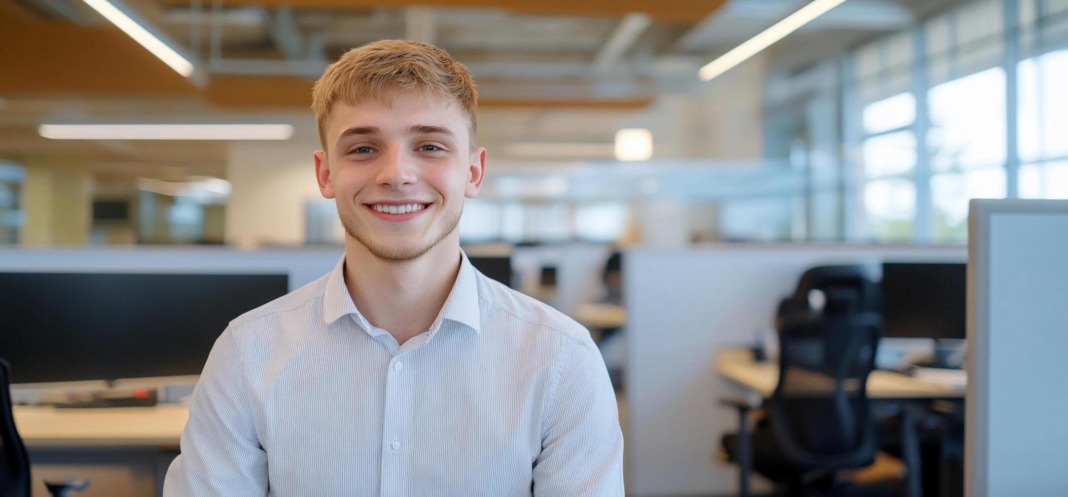 A young man smiling in a modern office setting. photo