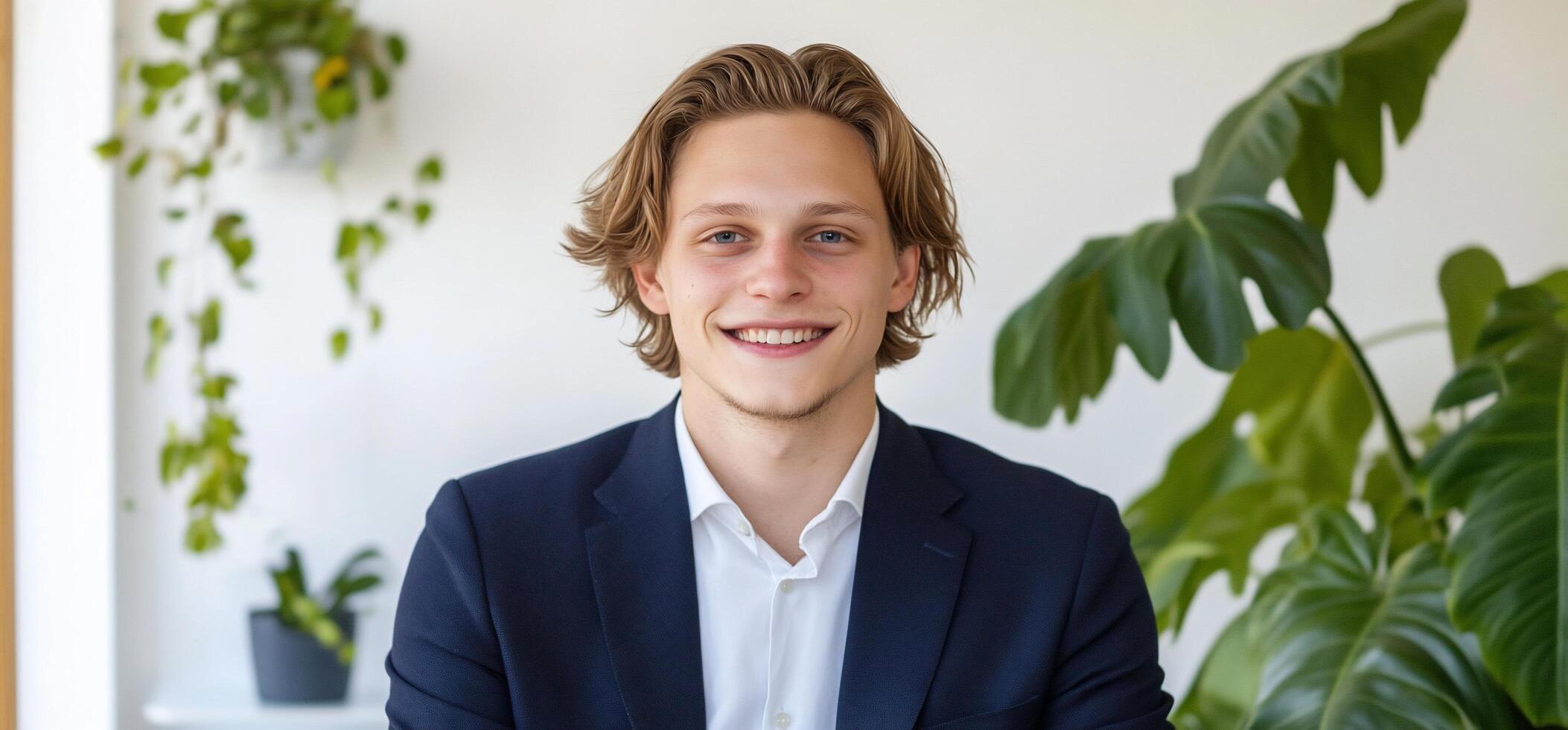 A smiling young man in a suit, seated in a modern, plant-filled space. photo