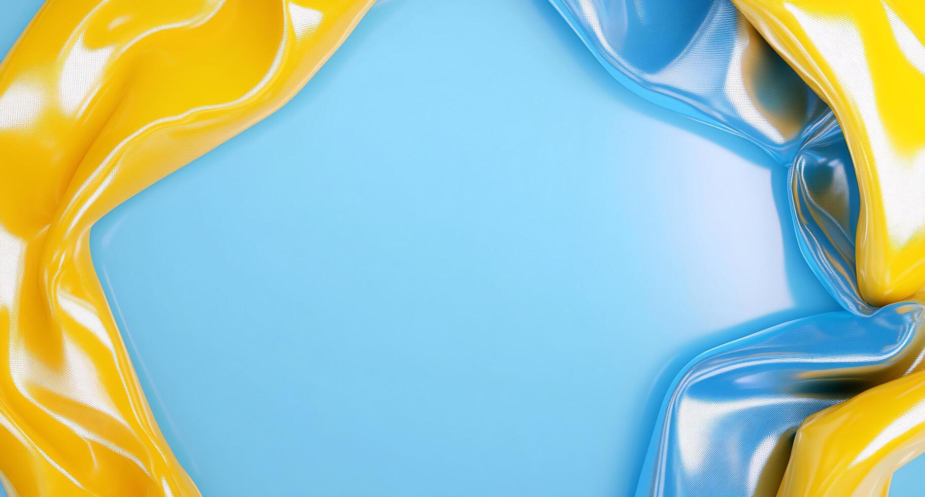 A vibrant blue background framed by flowing yellow and blue fabric. photo