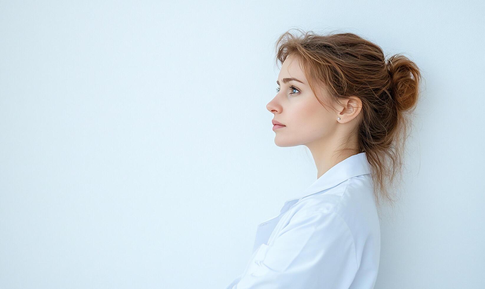 A woman in a white coat gazes thoughtfully against a plain wall. photo