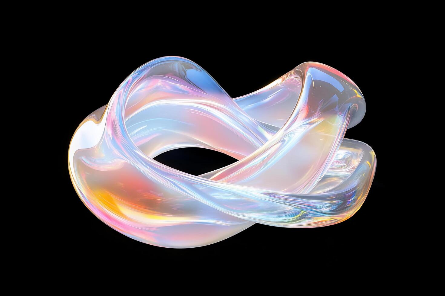 A translucent, colorful knot-like sculpture on a black background. photo
