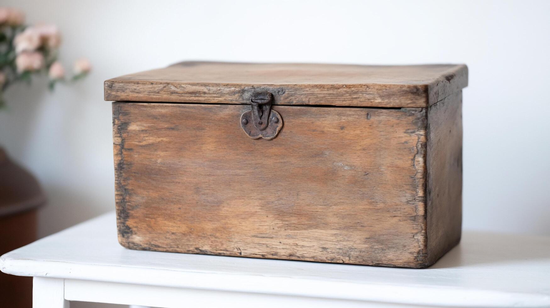 A rustic wooden box with a hinged lid and metal latch. photo