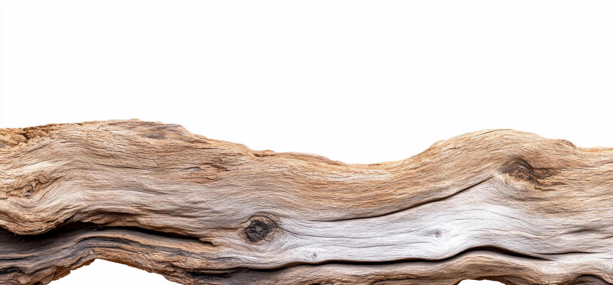 A piece of driftwood with a smooth, weathered texture against a white background. photo