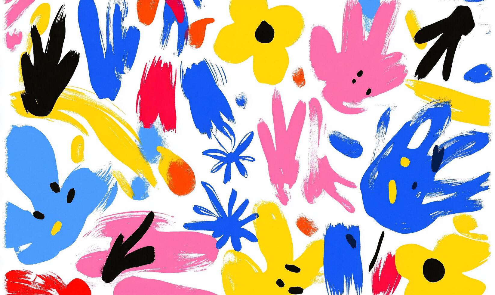 A vibrant abstract design featuring colorful handprints and flowers. photo