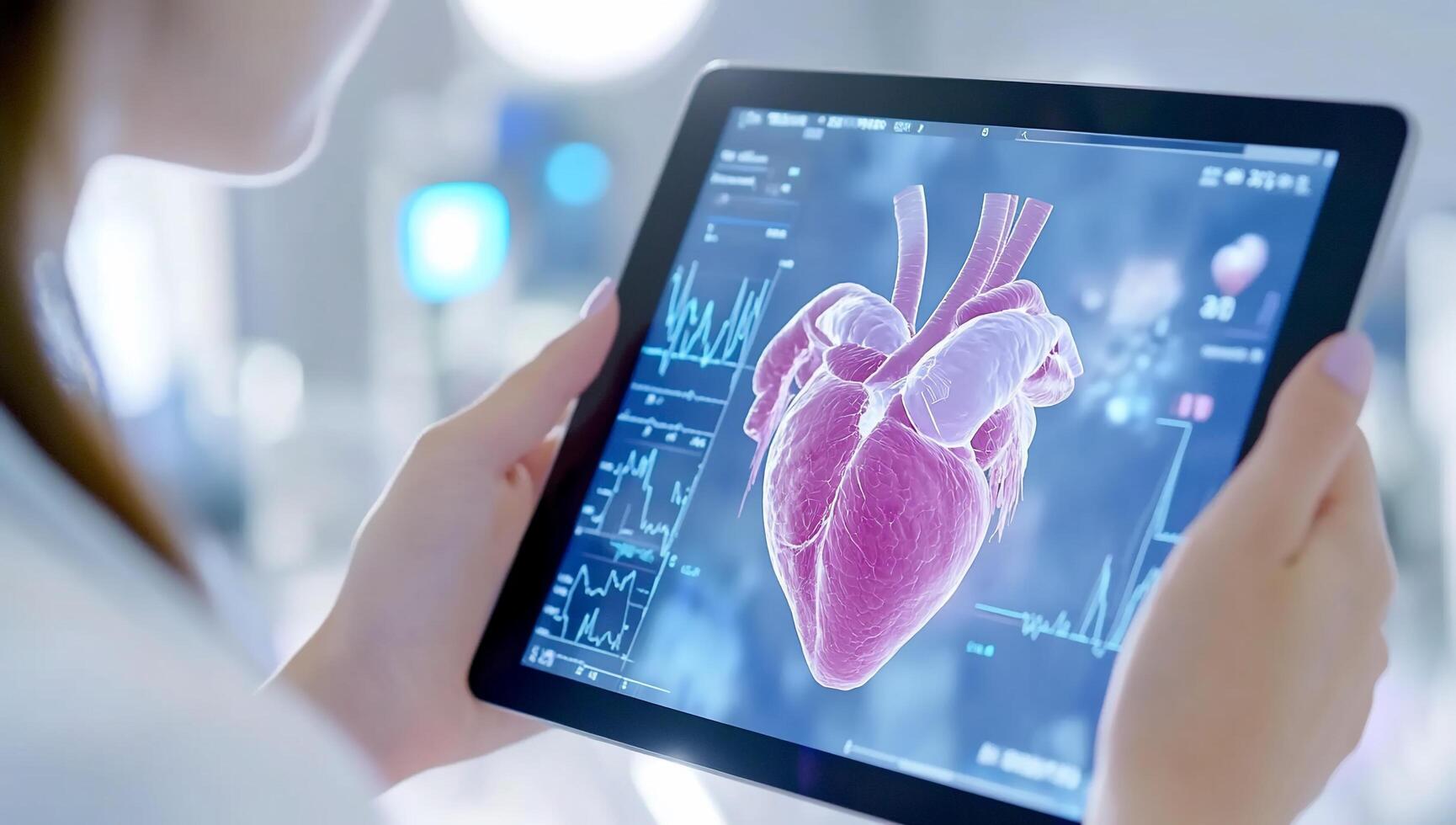 A medical professional analyzing a 3D heart model on a tablet. photo