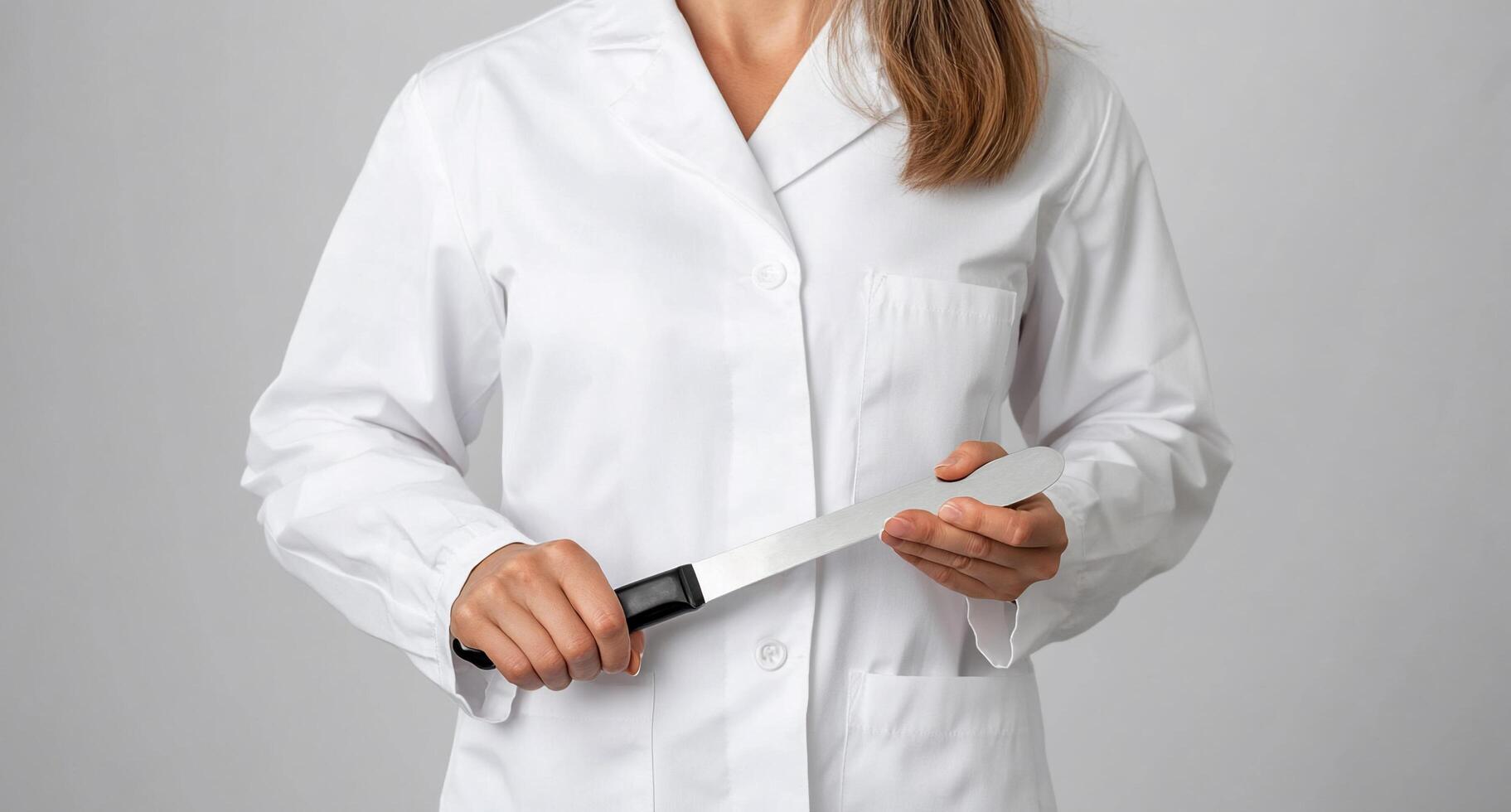 A person in a lab coat holding a knife, suggesting a scientific context. photo