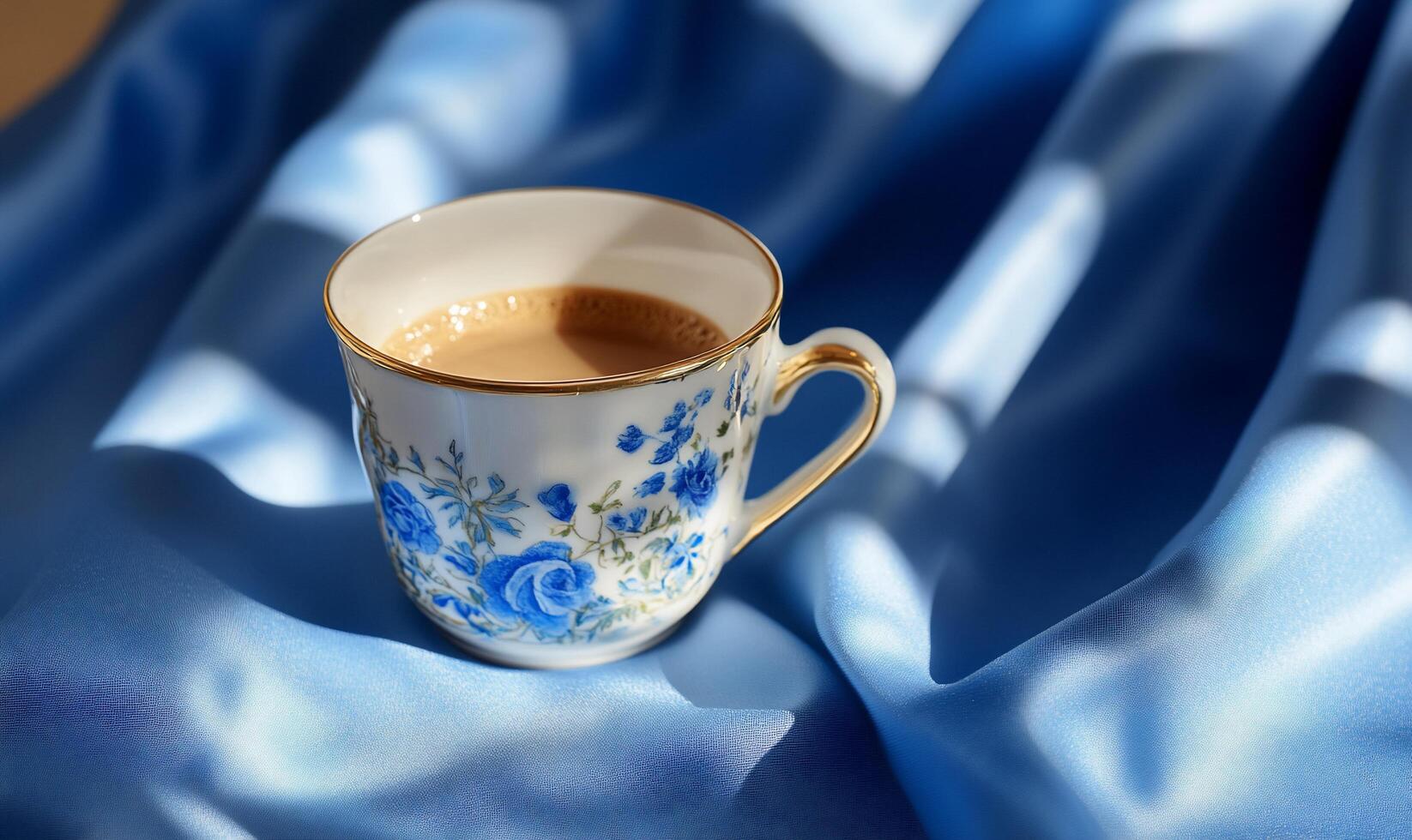 A floral-patterned cup of coffee on a smooth blue fabric backdrop. photo