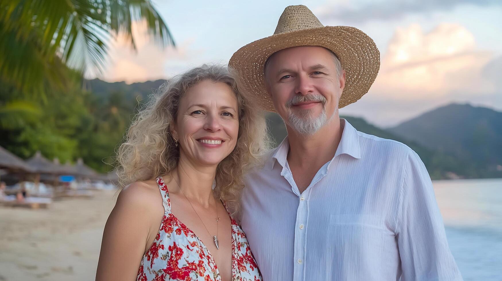 A couple smiles together on a beach at sunset, enjoying a vacation. photo