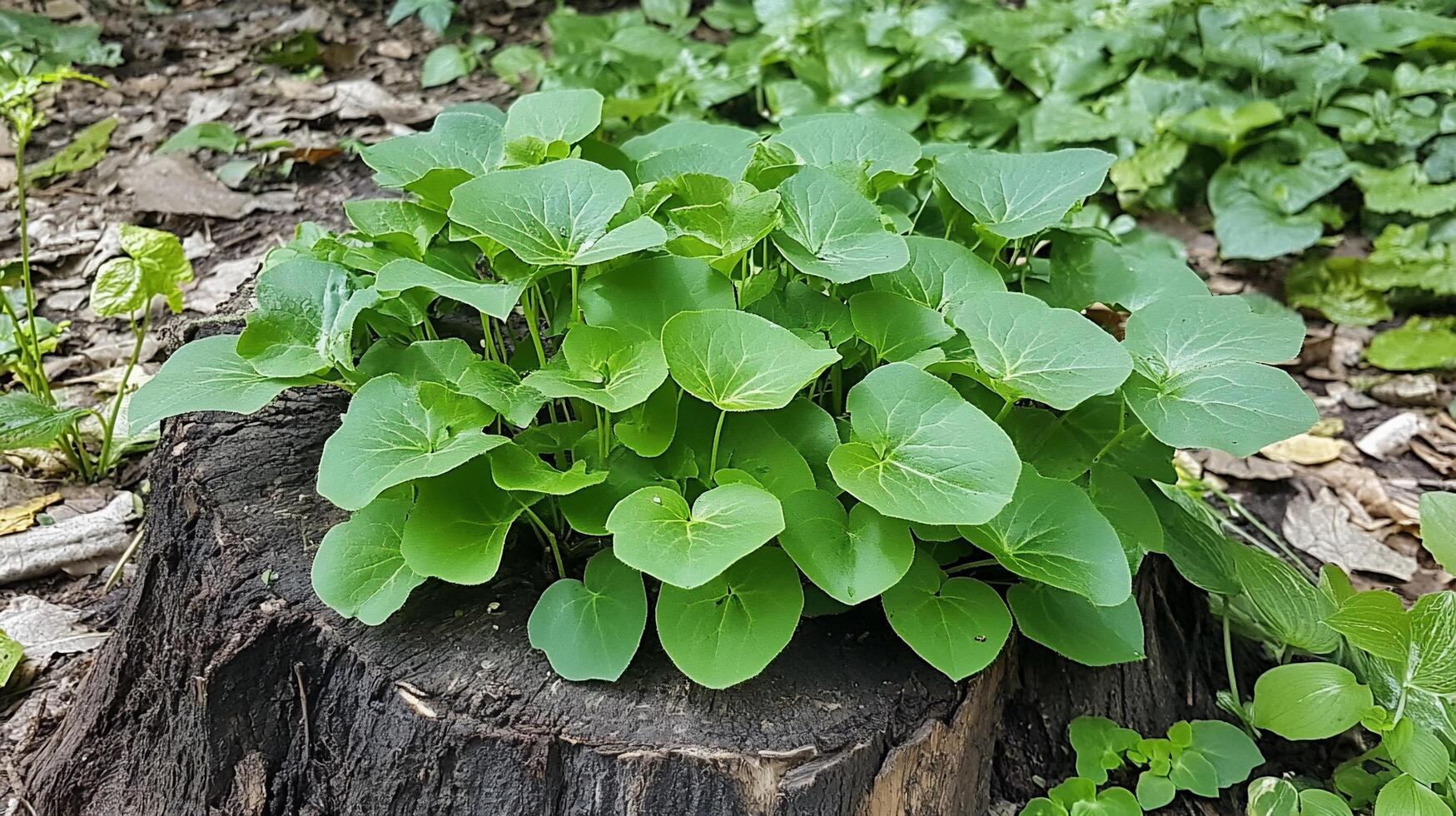 A cluster of green leaves growing on a tree stump in a natural setting. photo