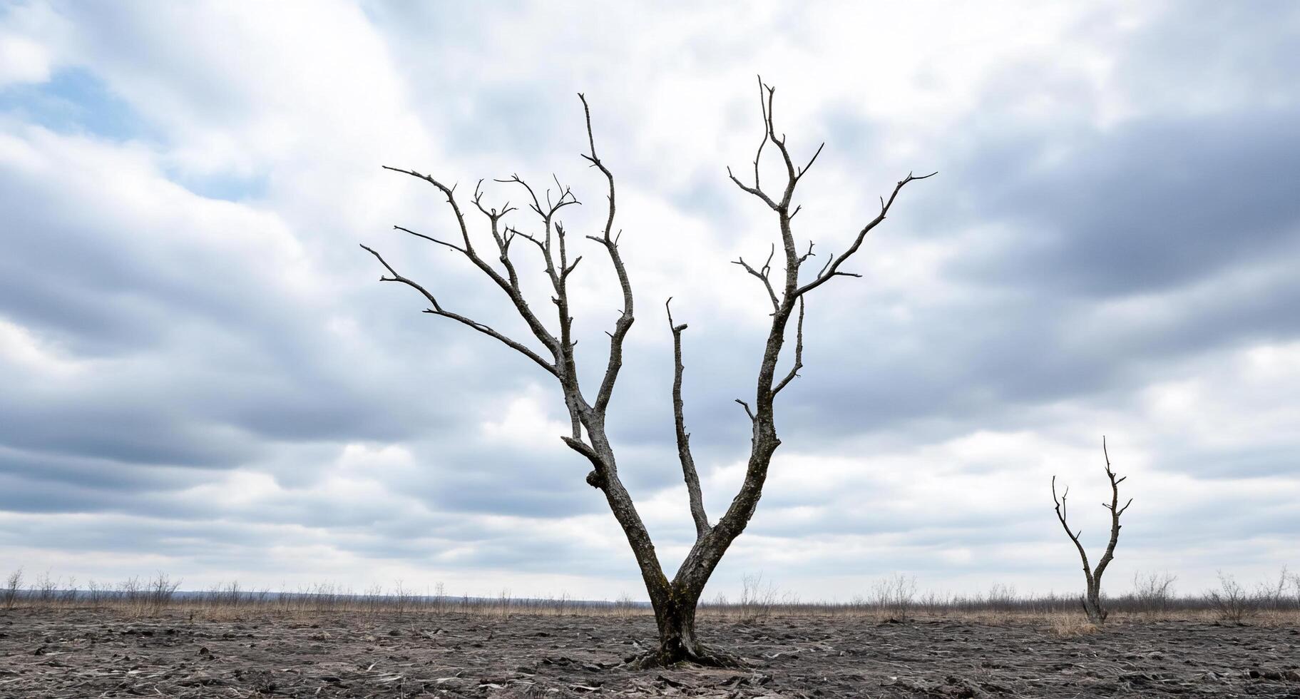 A barren landscape with a leafless tree against a cloudy sky. photo