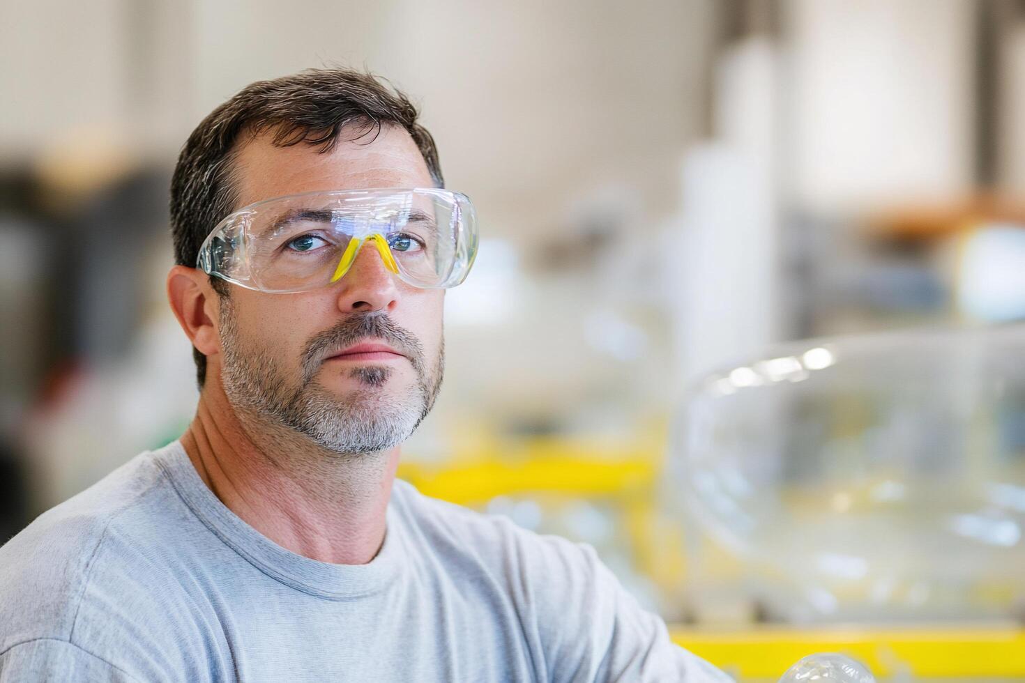 A man in safety goggles working in an industrial environment. photo
